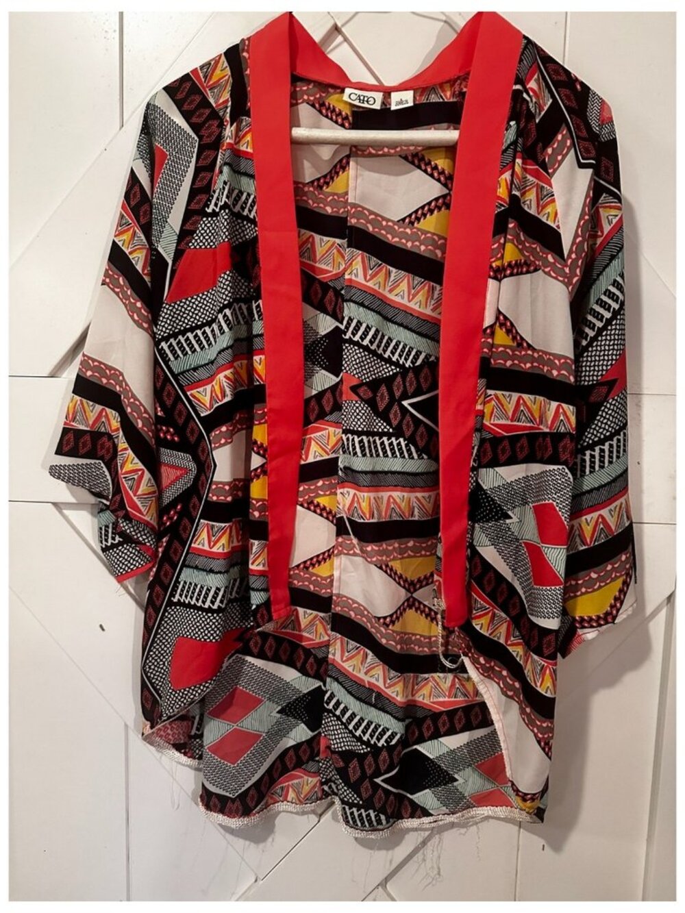 CATO Women's Open Front Blouse Multi Color Geometric Patterned Siz L Needs Trim - Picture 1 of 5